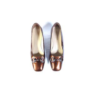 VTG GUCCI Horsebit Square Toe Pump 38 US 7.5 Wide Patent Leather Block Mid Heel